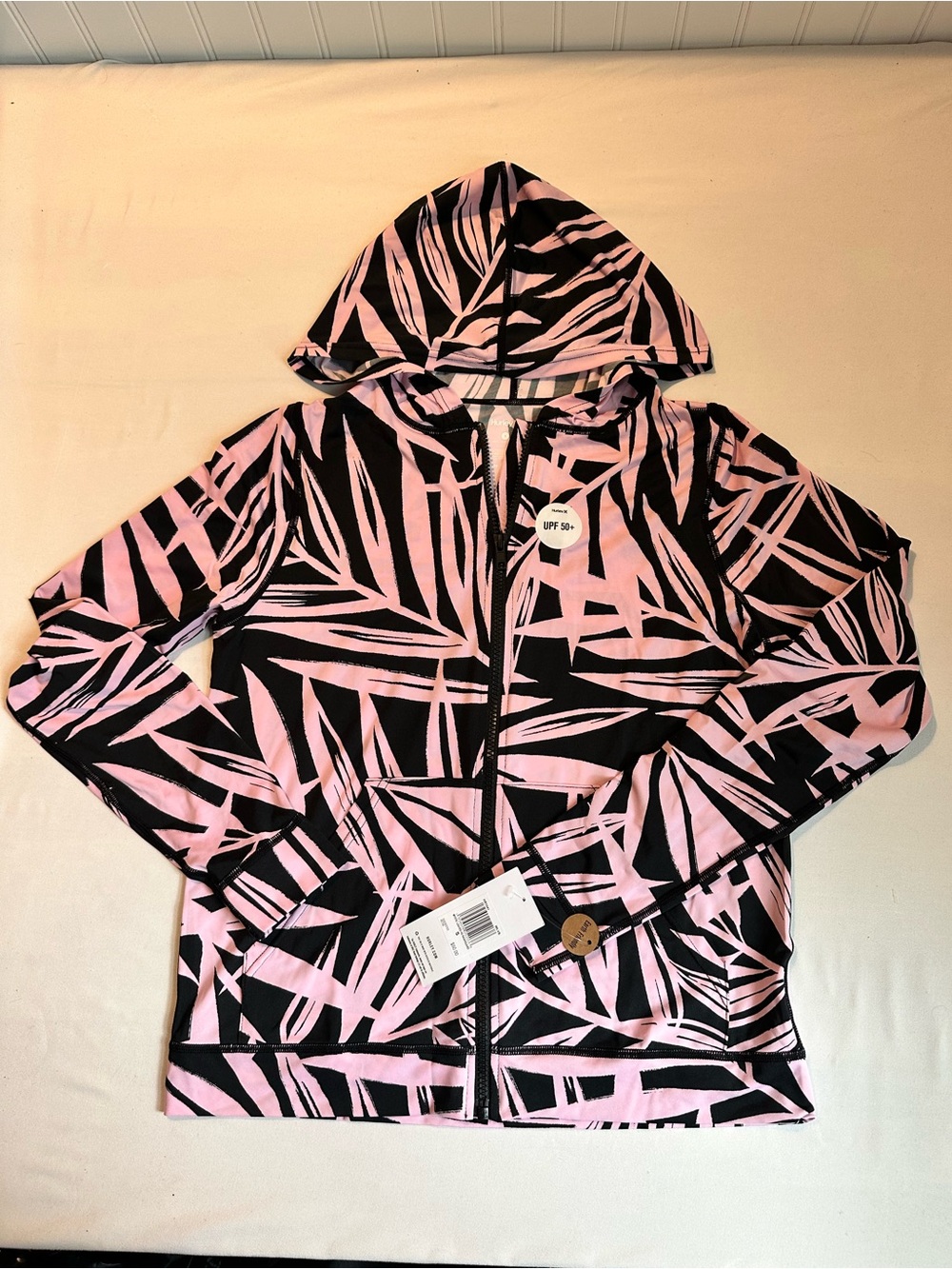 Hurley Pink and Black Leaf-Print Hooded Zip Jacket